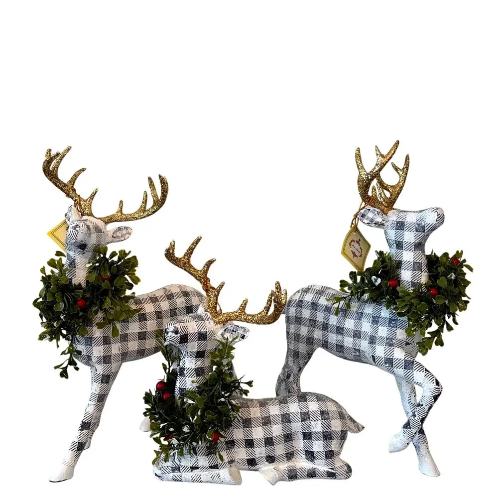 Mark Roberts Plaid Christmas Reindeer Gold Antlers 3pc 13in Holiday Decor NEW